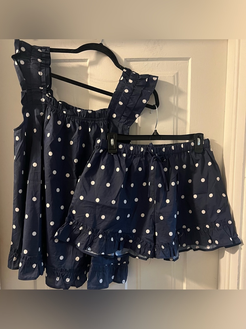 Peach Love California Navy Polka Dot Ruffle Two-Piece Set